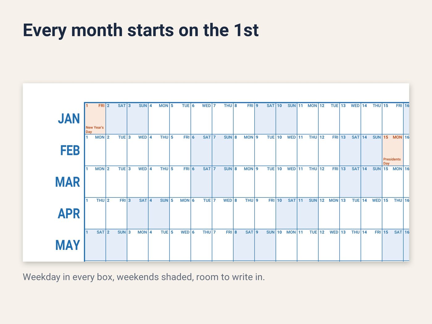 Close-up of the calendar grid with the weekday in every box