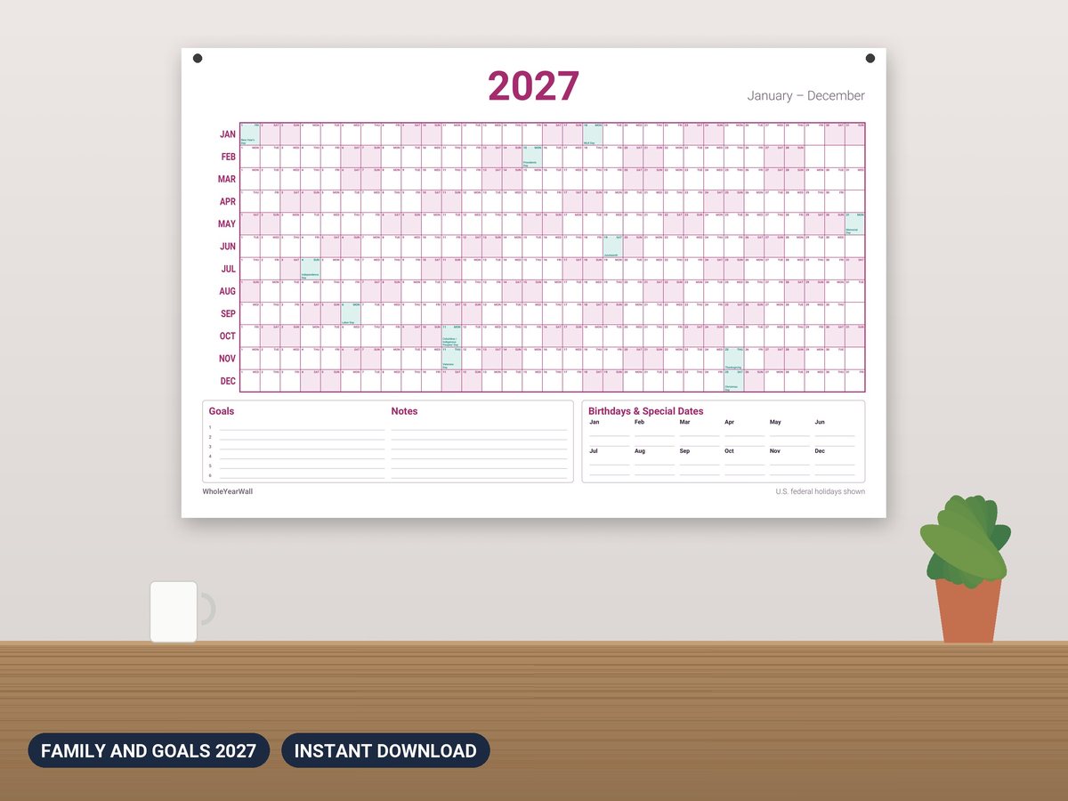 2027 family wall calendar with goals and birthdays