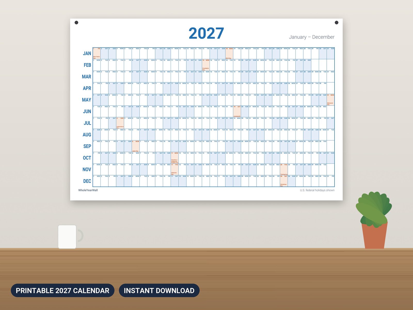 2027 printable year at a glance calendar